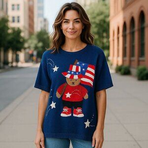 Gladys Bagley Vintage 90s Patriotic Bear Sweater Size Large 4th of July USA